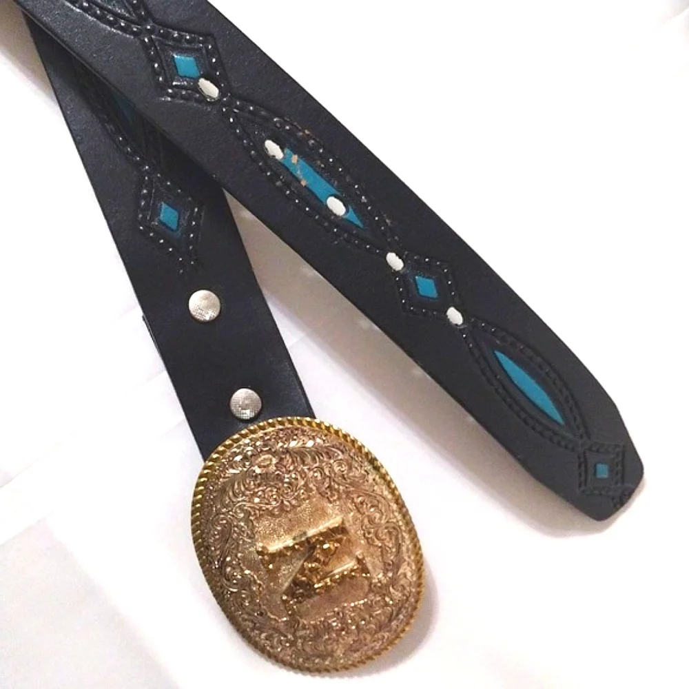 Vintage Bronze Crumrine Tooled Leather Western Statement Belt Unisex Size 36